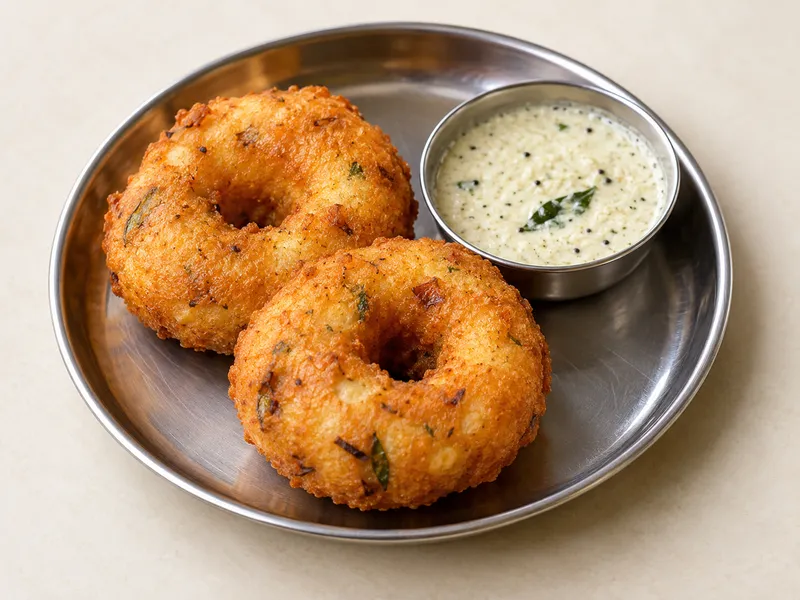 Illustration of Garelu (Vada) served on a steel plate
