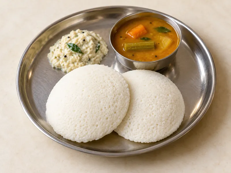 Illustration of Idly served on a steel plate