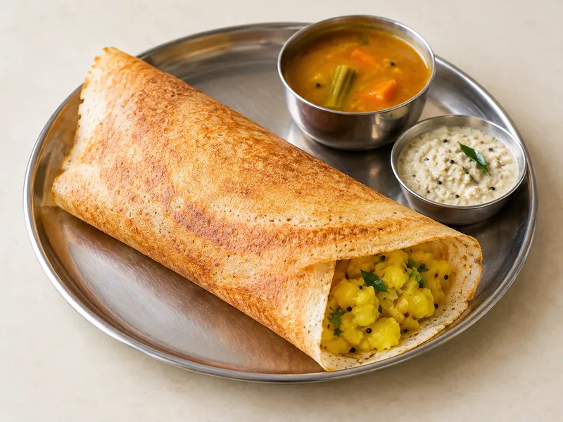 Illustration of a golden masala dosa with chutney and sambar